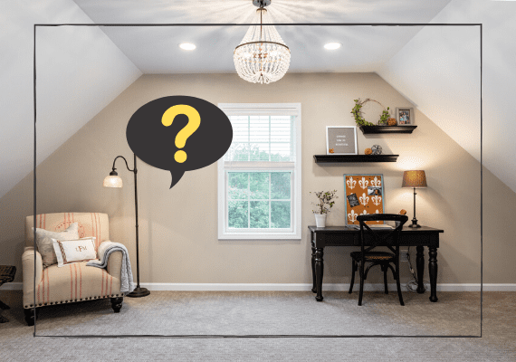 Interior Picture with a chair to the left and desk to the right. Window in the center and chandelier above window.