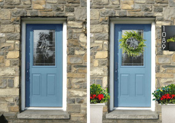  Before and after picture of a blue front door 