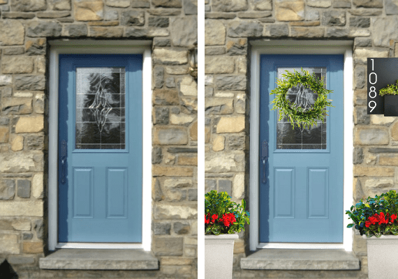 Before and after picture of a blue front door