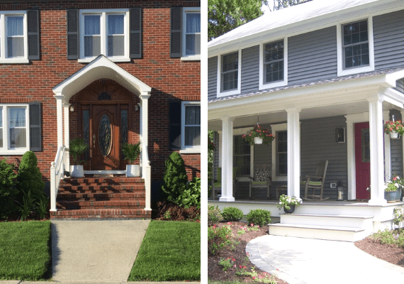  Two Images: One Brick Portico and One Front Porch with Red Door 