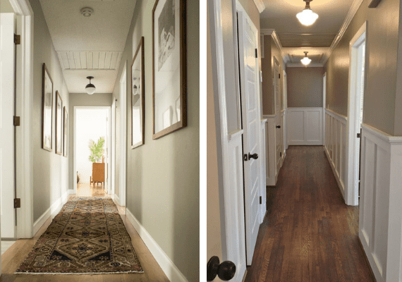  Two Hallways: left, displays floor runner, right, bare walls, wood floor 