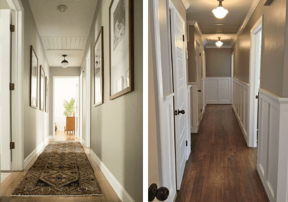 Two Hallways: left, displays floor runner, right, bare walls, wood floor