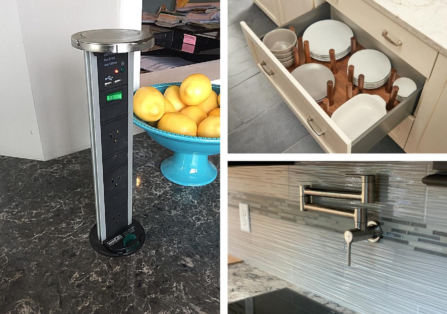 Grid Picture with outlet, pot filler, peg drawer